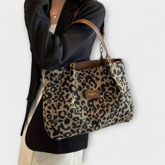 Women's woven leopard print shoulder bag with faux-leather chain handles – Leopard