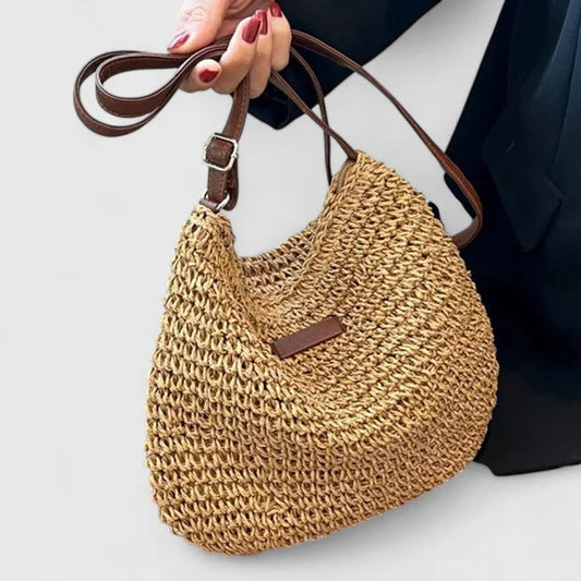 Women's woven straw hobo shoulder bag with adjustable faux-leather strap