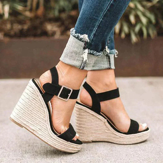 Women's woven wedge open-toe sandals with adjustable buckle ankle strap – Black