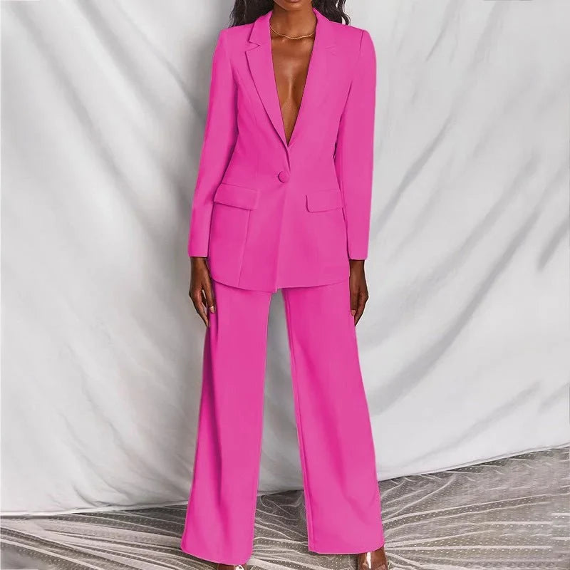 Women's single-button blazer and wide-leg trousers set perfect with a denim jacket – Pink