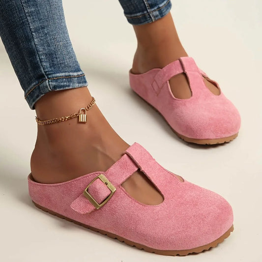 Women's suede T-strap clogs with metal buckle and open back – Pink