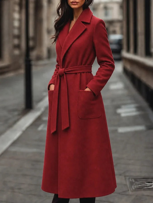 Women's belted maxi trench coat with notch collar – Red