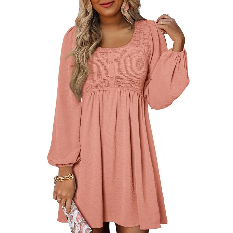 Women's smocked empire-waist long-sleeve mini dress with square-neck and button-front – Pink