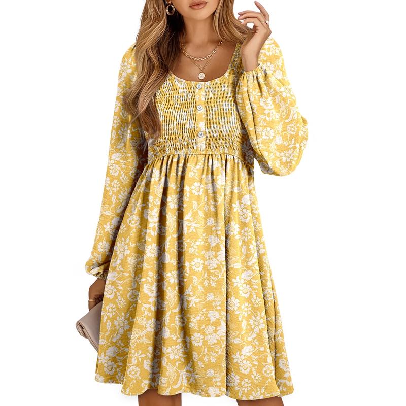 Women's smocked empire-waist long-sleeve mini dress with square-neck and button-front – Yellow