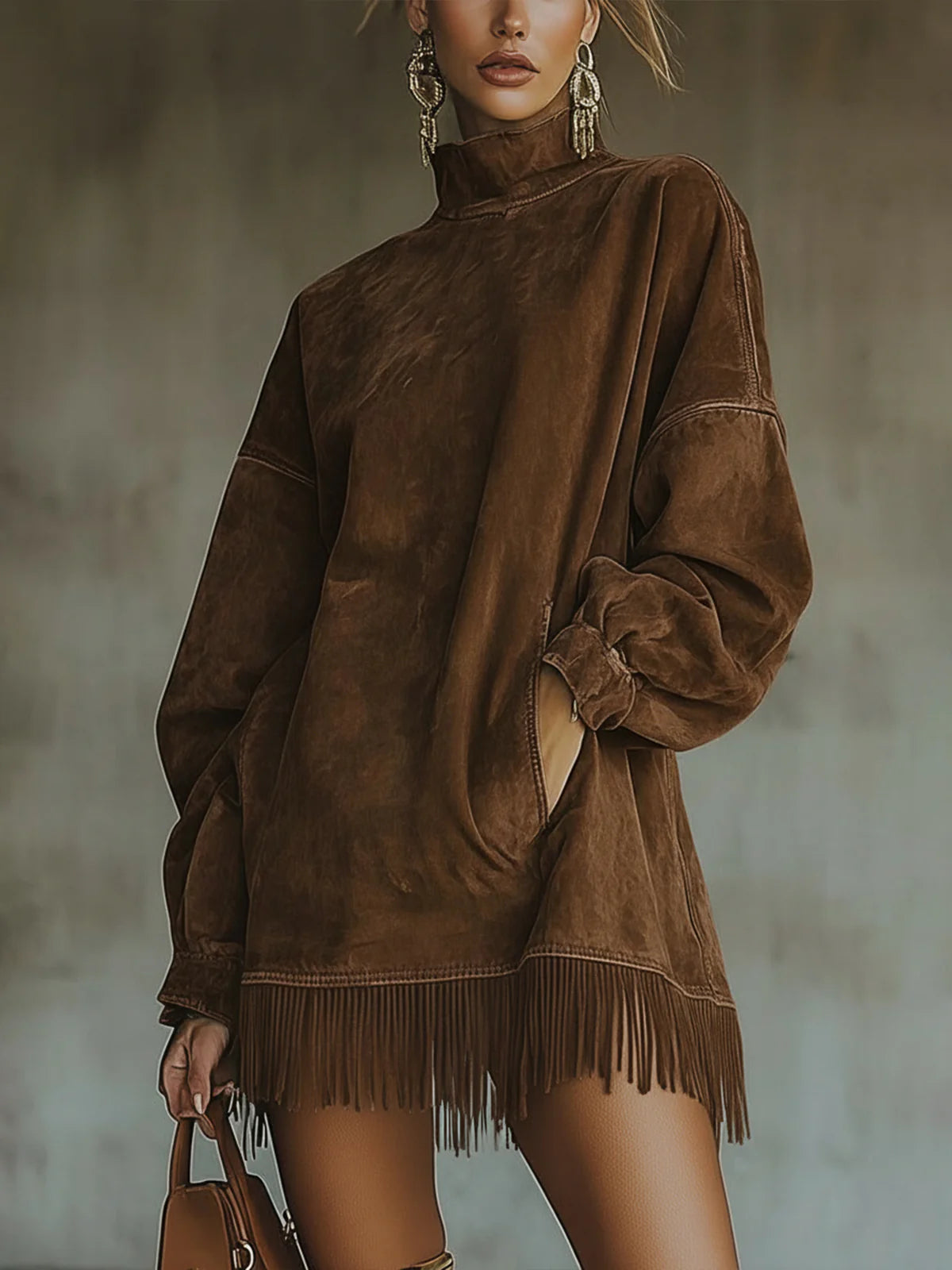 Women's washed oversized mini dress with high-neck and fringe hem – Brown