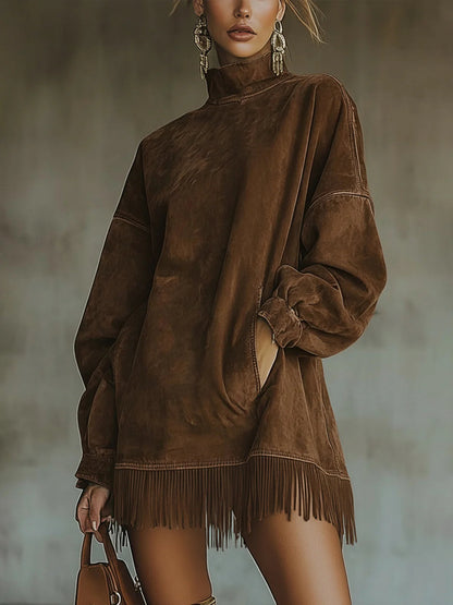 Women's washed oversized mini dress with high-neck and fringe hem – Brown