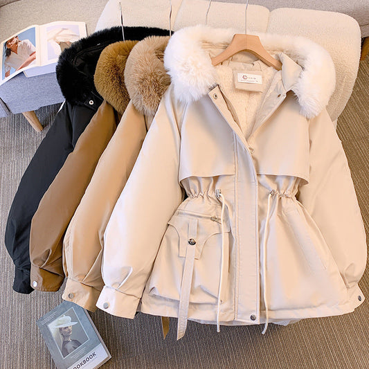 Women's winter utility jacket with faux-fur hood and drawstring waist