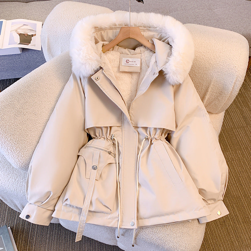 Women's winter utility jacket with faux-fur hood and drawstring waist – White