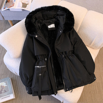 Women's winter utility jacket with faux-fur hood and drawstring waist – Black
