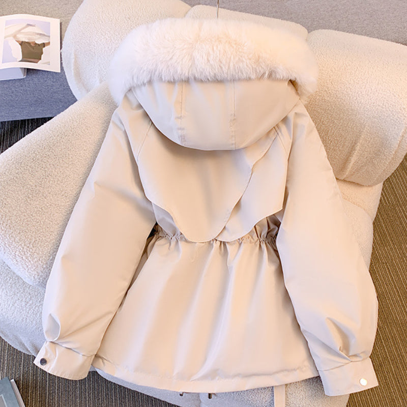 Women's winter utility jacket with faux-fur hood and drawstring waist