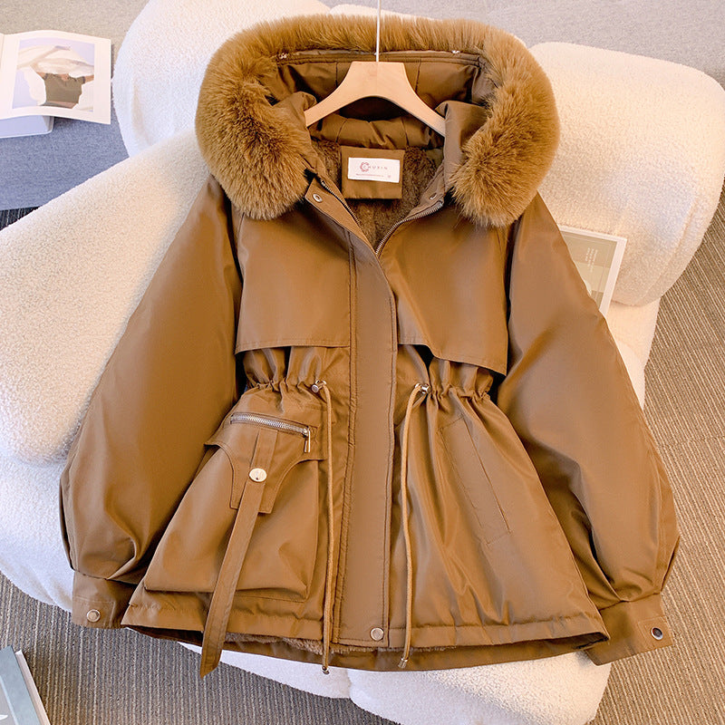 Women's winter utility jacket with faux-fur hood and drawstring waist – Coffee