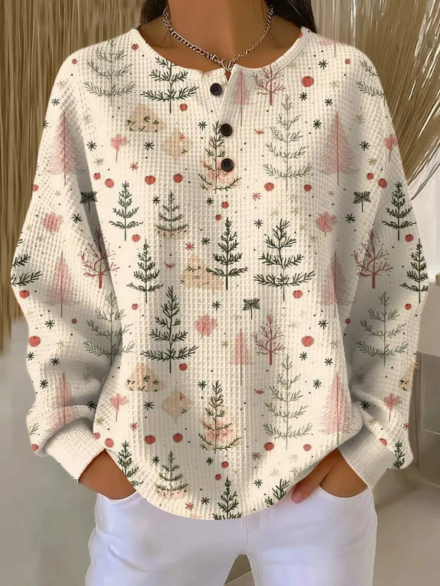 Women's knit button-front crew neck jumper with festive print – Off White