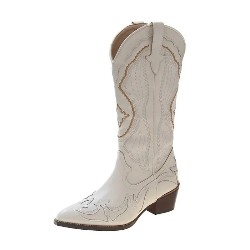 Women's western cowboy boots with pointed toe and embroidery – Beige