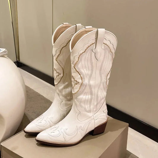 Women's western cowboy boots with pointed toe and embroidery – Beige