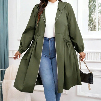 Women's drawstring-waist zip-up hooded coat with long sleeves – Army Green