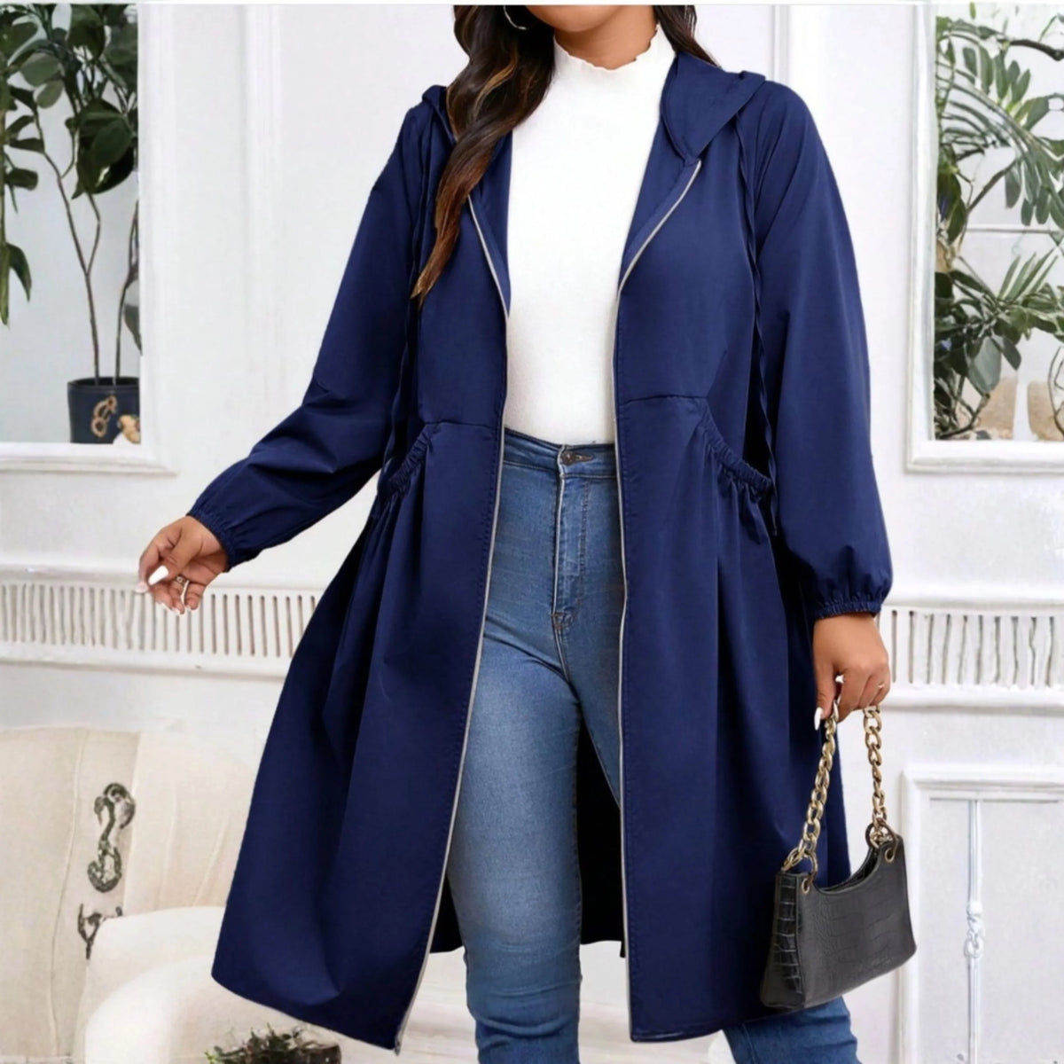 Women's drawstring-waist zip-up hooded coat with long sleeves – Navy Blue