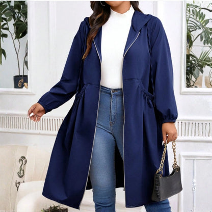 Women's drawstring-waist zip-up hooded coat with long sleeves – Navy Blue