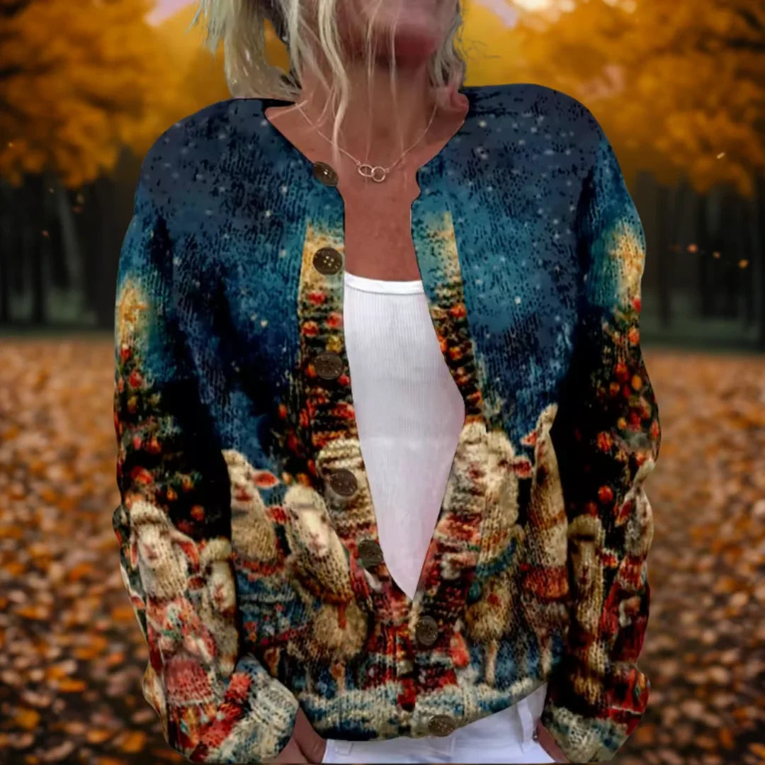 Women's knit button-front V-neck cardigan with winter scene print – MultiColour