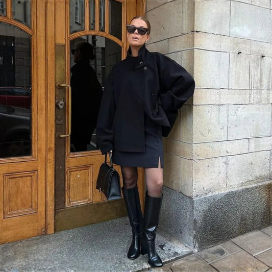Women's button-down coat with stand-up collar detail – Black