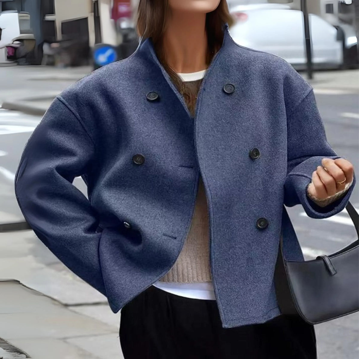 Women's stand-collar coat with sleek tailored silhouette – Blue