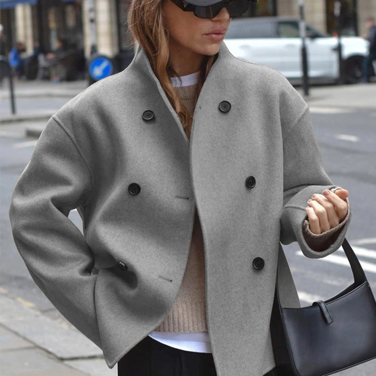 Women's stand-collar coat with sleek tailored silhouette – Grey