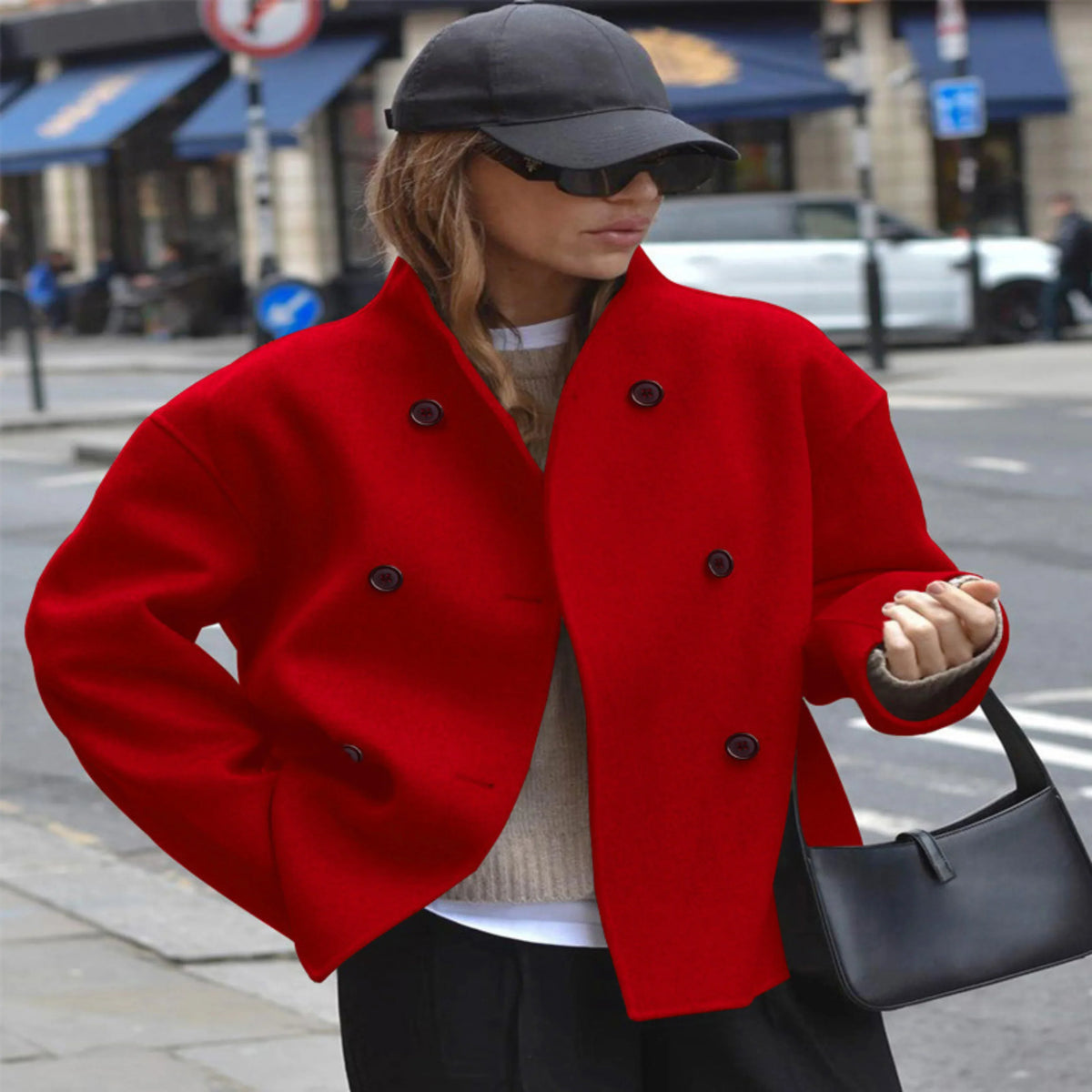 Women's stand-collar coat with sleek tailored silhouette – Red