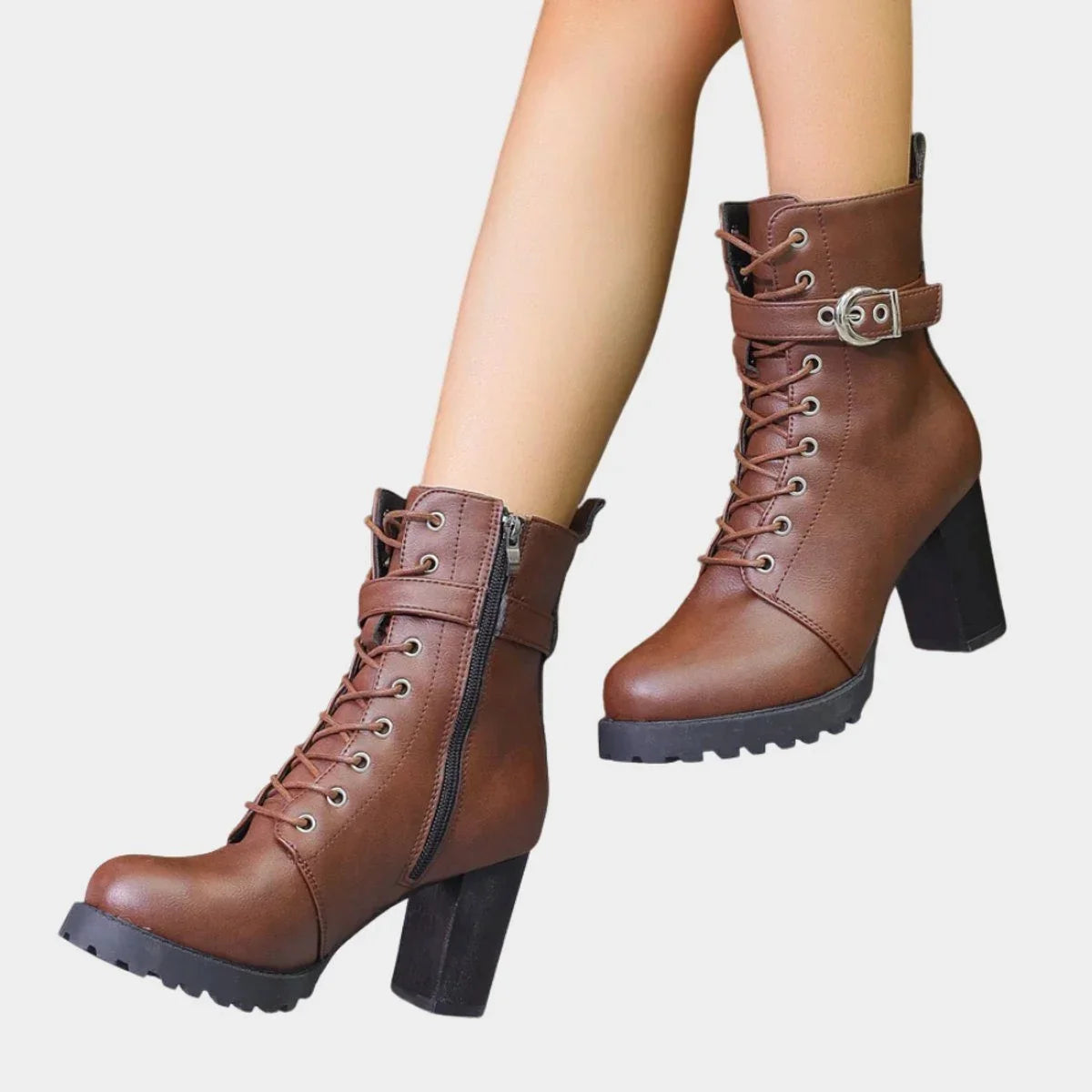 Women's faux leather combat ankle boots with lace-up and buckle