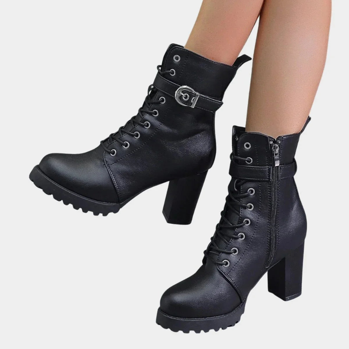 Women's faux leather combat ankle boots with lace-up and buckle