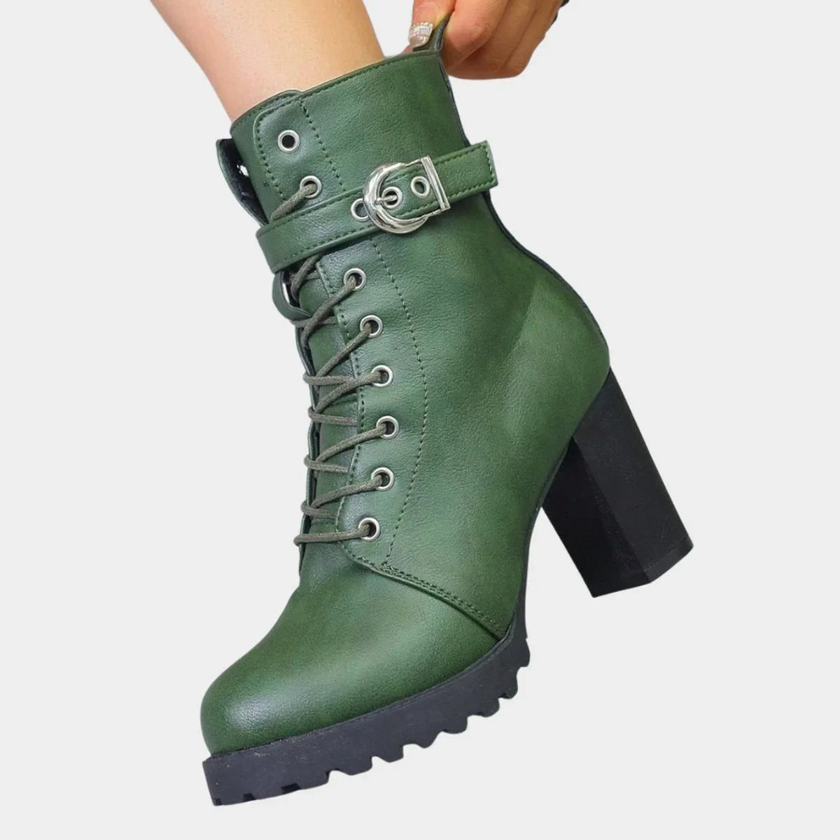 Women's faux leather combat ankle boots with lace-up and buckle