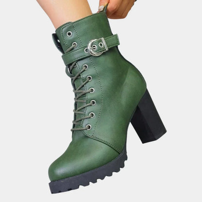 Women's faux leather combat ankle boots with lace-up and buckle