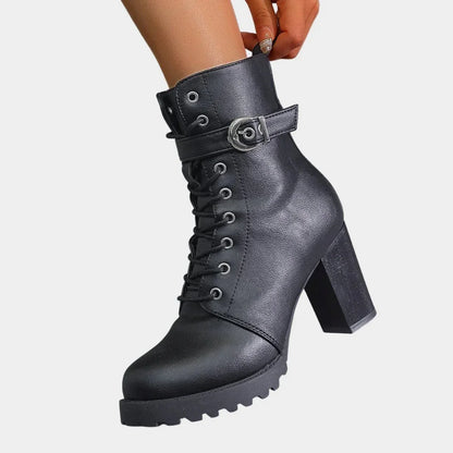 Women's faux leather combat ankle boots with lace-up and buckle
