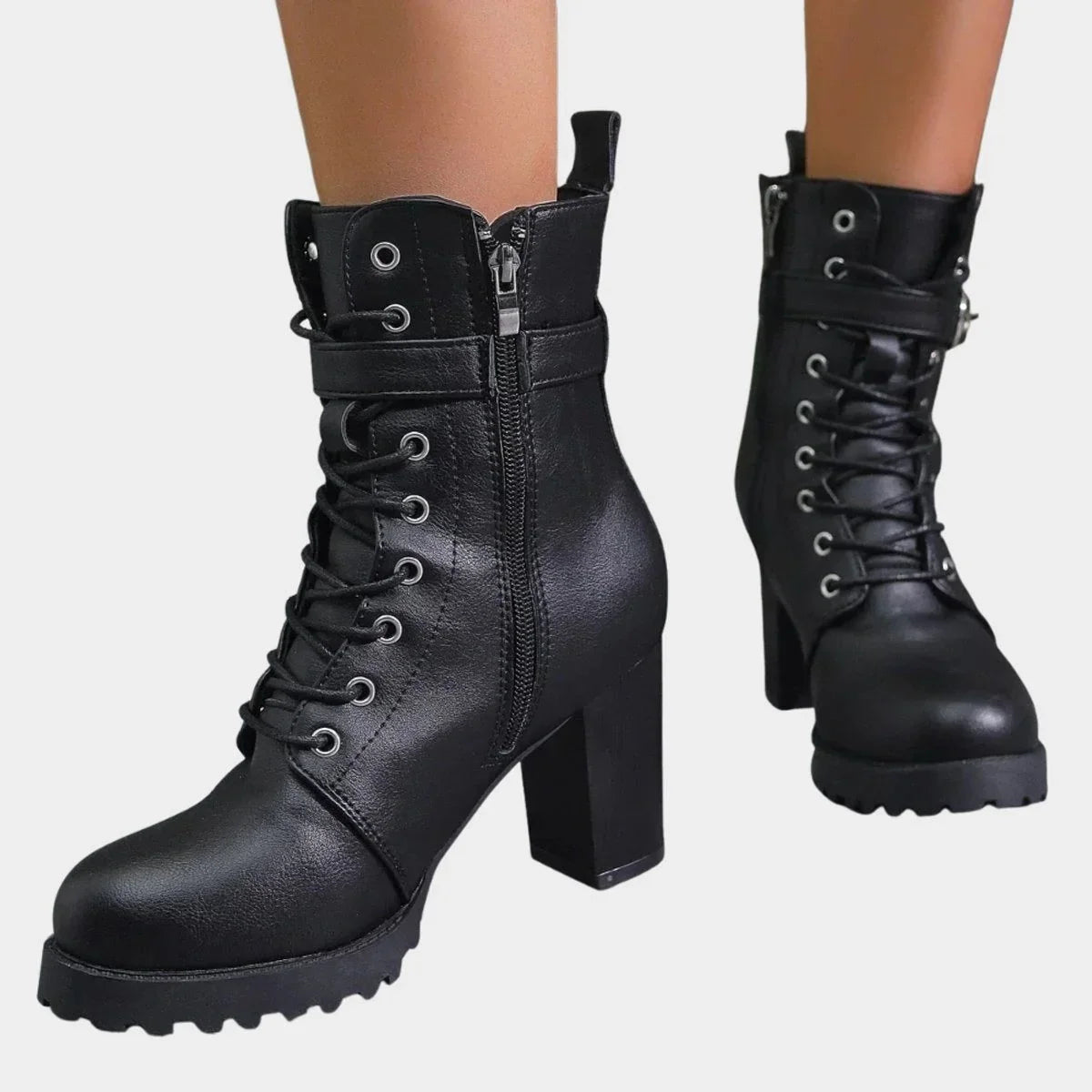 Women's faux leather combat ankle boots with lace-up and buckle – Black