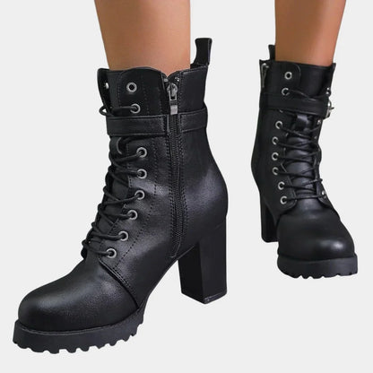 Women's faux leather combat ankle boots with lace-up and buckle – Black