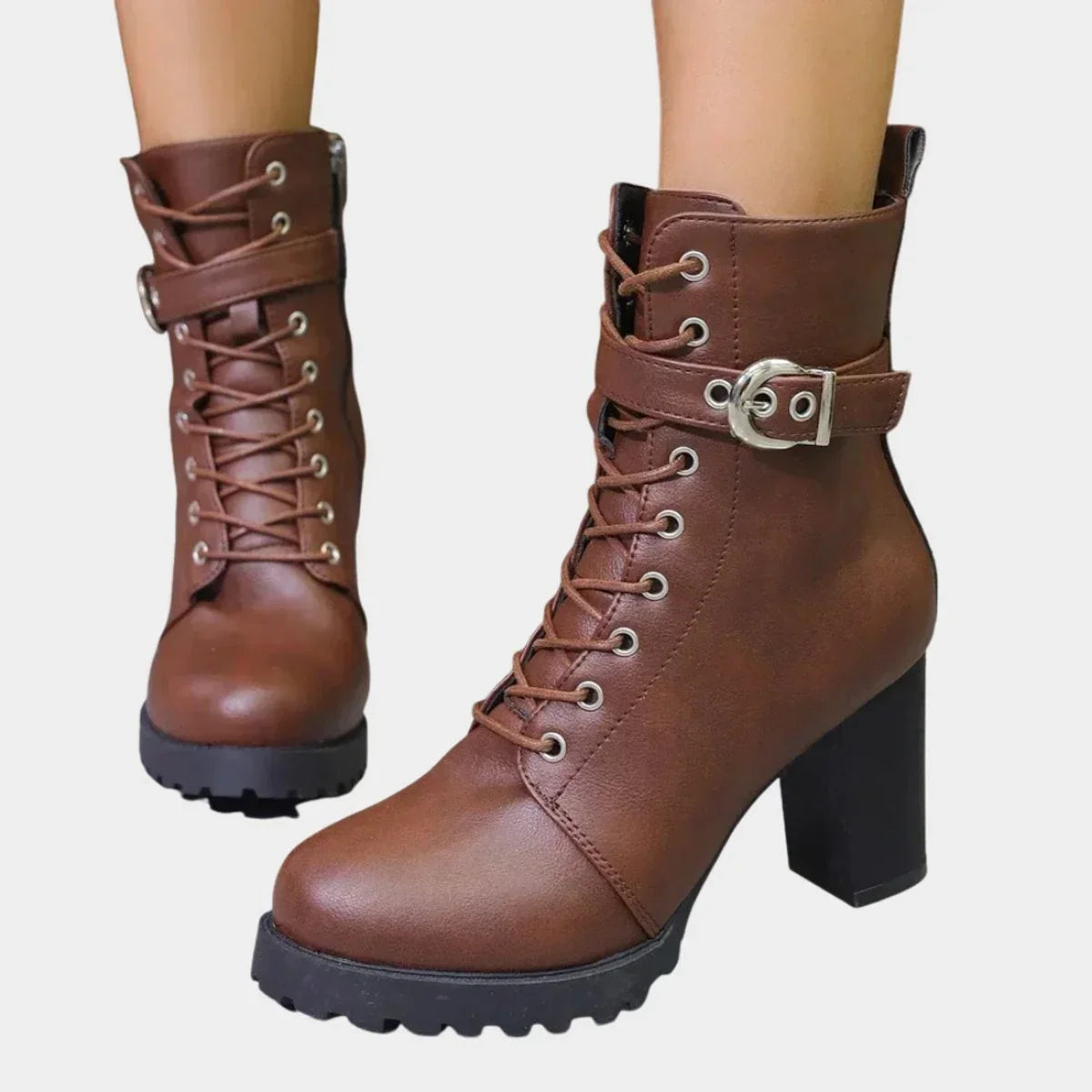 Women's faux leather combat ankle boots with lace-up and buckle – Brown