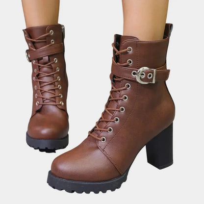 Women's faux leather combat ankle boots with lace-up and buckle – Brown
