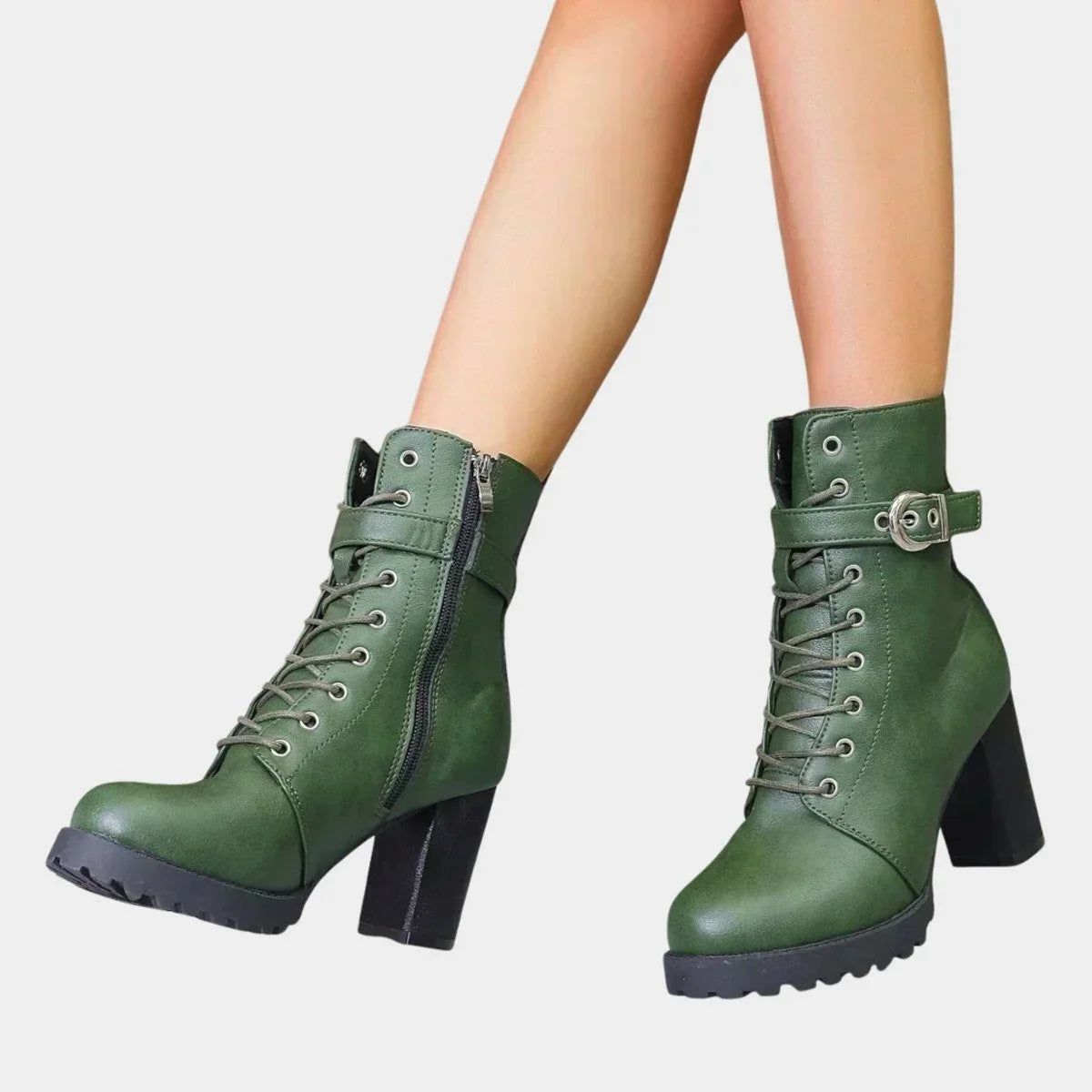 Women's faux leather combat ankle boots with lace-up and buckle