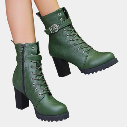 Women's faux leather combat ankle boots with lace-up and buckle – Green