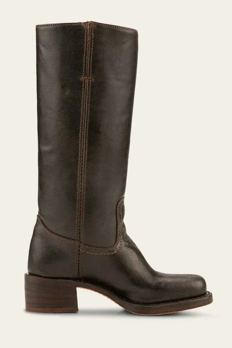 Women's leather block heel knee-high boots with suede trim