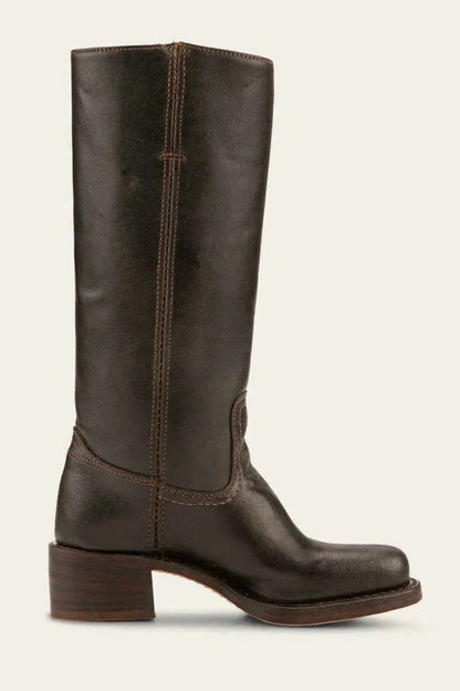 Women's leather block heel knee-high boots with suede trim