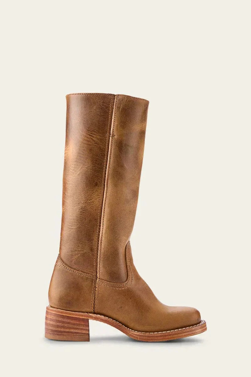 Women's leather block heel knee-high boots with suede trim