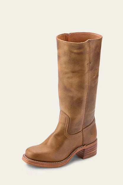 Women's leather block heel knee-high boots with suede trim
