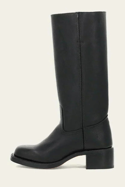 Women's leather block heel knee-high boots with suede trim