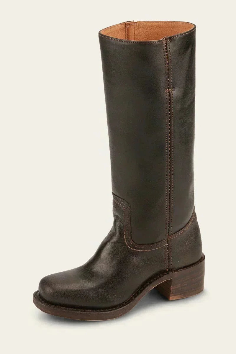 Women's leather block heel knee-high boots with suede trim