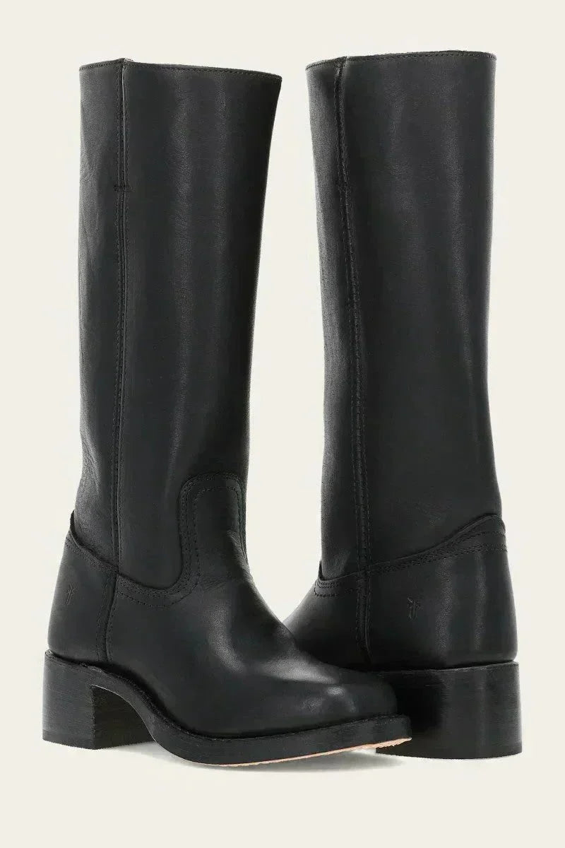 Women's leather block heel knee-high boots with suede trim – Black