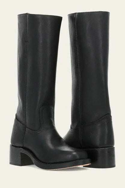 Women's leather block heel knee-high boots with suede trim – Black