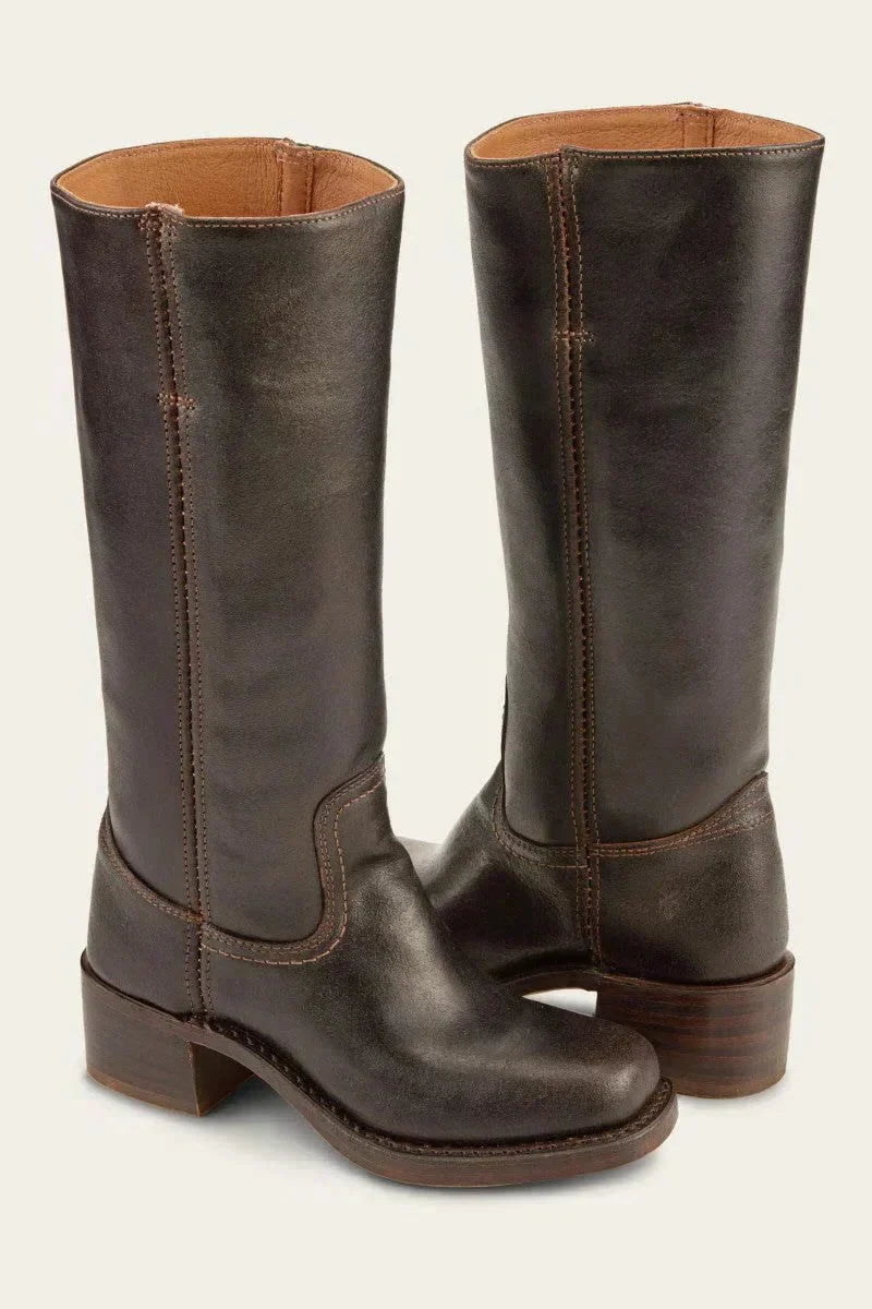 Women's leather block heel knee-high boots with suede trim – Brown