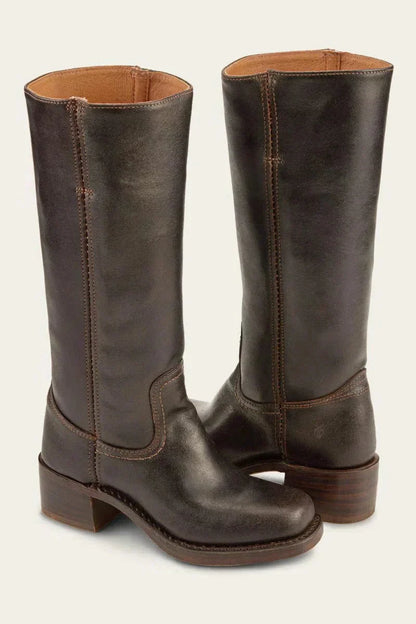 Women's leather block heel knee-high boots with suede trim – Brown