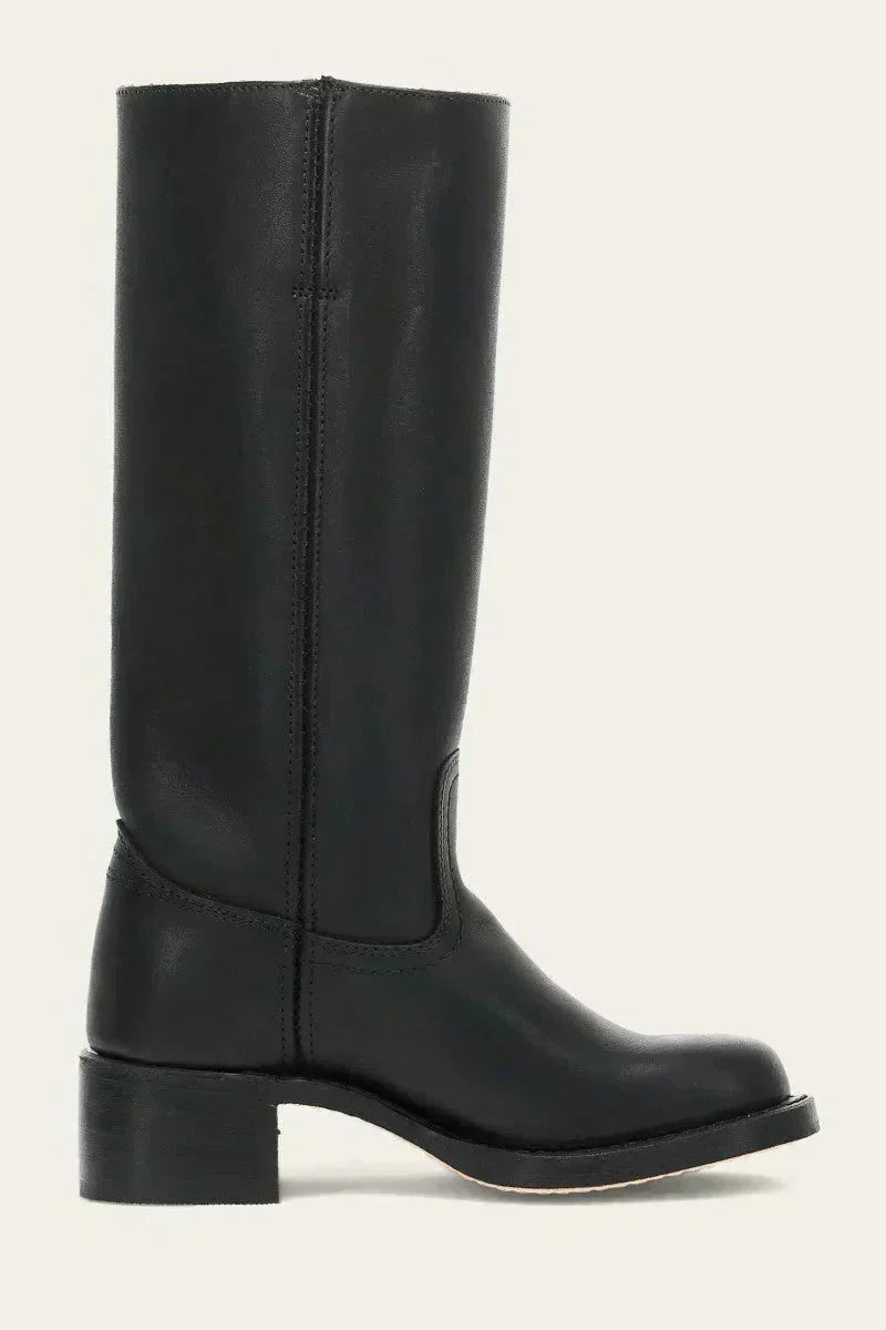 Women's leather block heel knee-high boots with suede trim