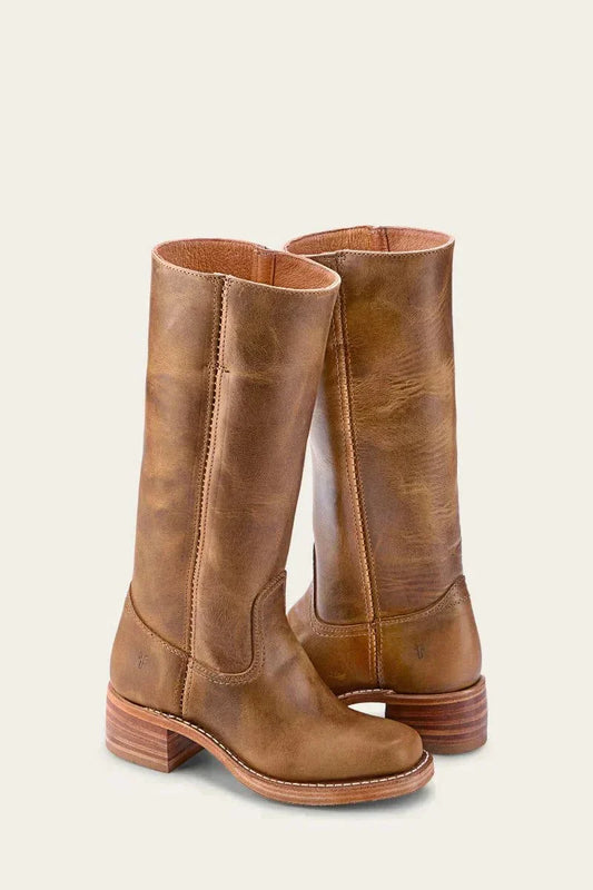 Women's leather block heel knee-high boots with suede trim – Khaki