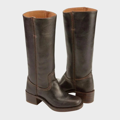 Women's leather knee-high western boots with center seam detail – Dark Brown